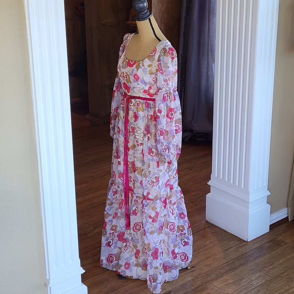 Lorrie Deb San Francisco Vtg 70s Size 6 Floral Chiffon Maxi Dress - Picture 3 of 11
